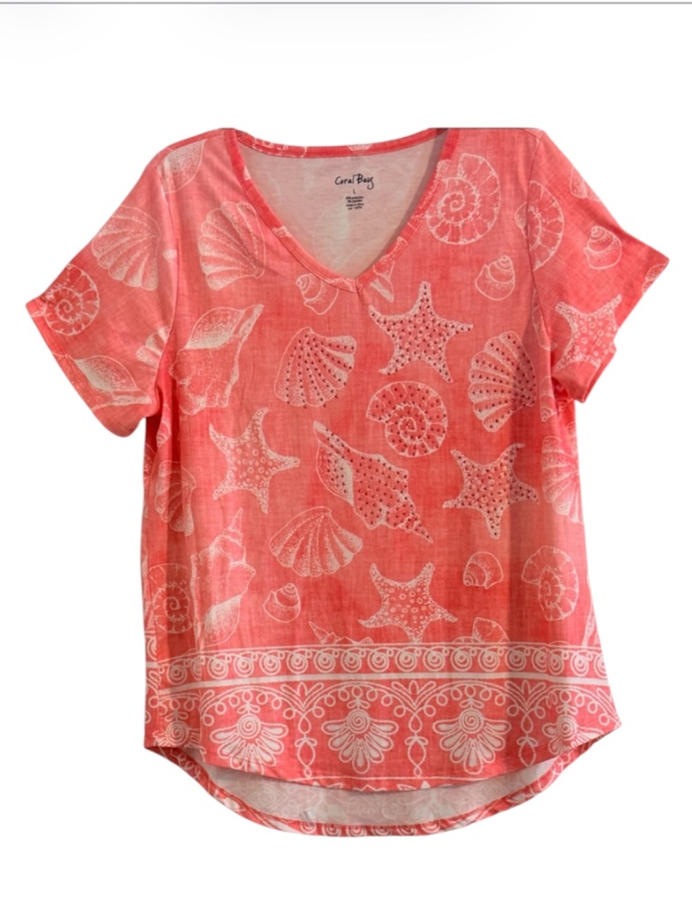 Coral Bay NWOT Coral Starfish Border Print Rhinestone Top L